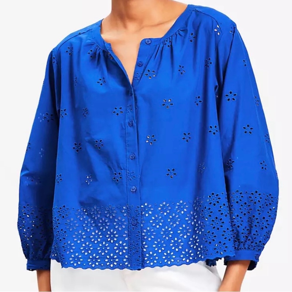 LOFT Eyelet Blouson Sleeve Blouse Royal Blue